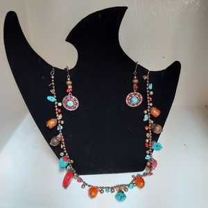 MULTIPLE TURQUOISE, AMBER & CORAL STONES COPPER ALLOY SETTING EARRING & NECKLACE